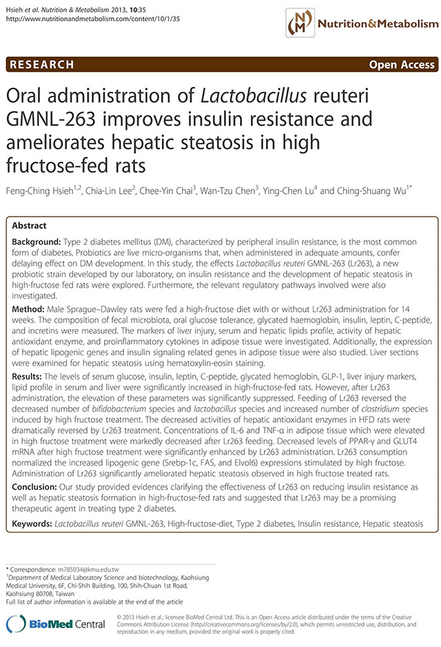 口服乳杆菌GMNL-263可改善高果糖喂养大鼠的胰岛素抵抗和改善肝脏脂肪变性