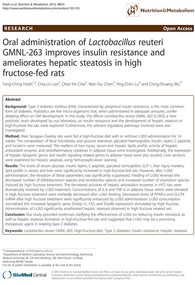 口服乳杆菌GMNL-263可改善高果糖喂养大鼠的胰岛素抵抗和改善肝脏脂肪变性