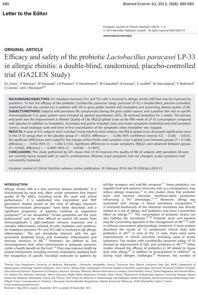 益生菌副酪乳杆菌LP-33治疗变应性鼻炎的有效性和安全性