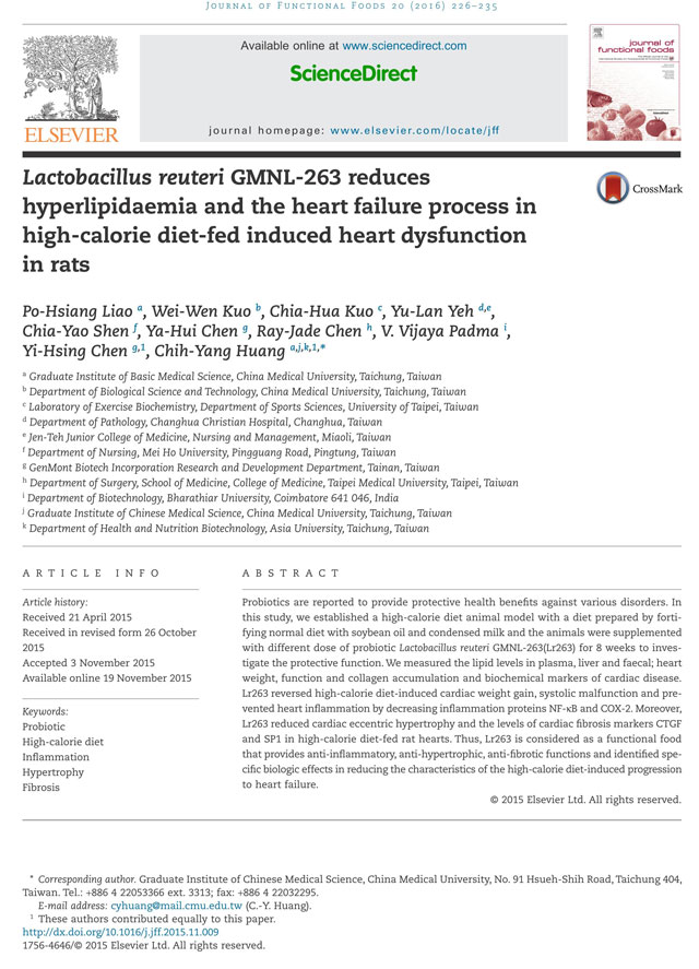 再发酵乳杆菌GMNL-263可降低高热量饮食诱导的大鼠心功能不全的高脂血症和心力衰竭过程