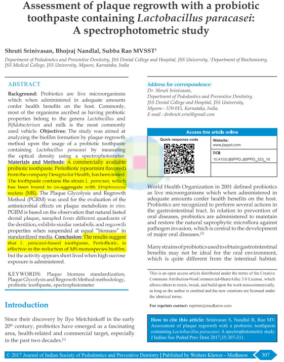 用含副酪乳杆菌的益生菌牙膏评价菌斑再生：分光光度法研究